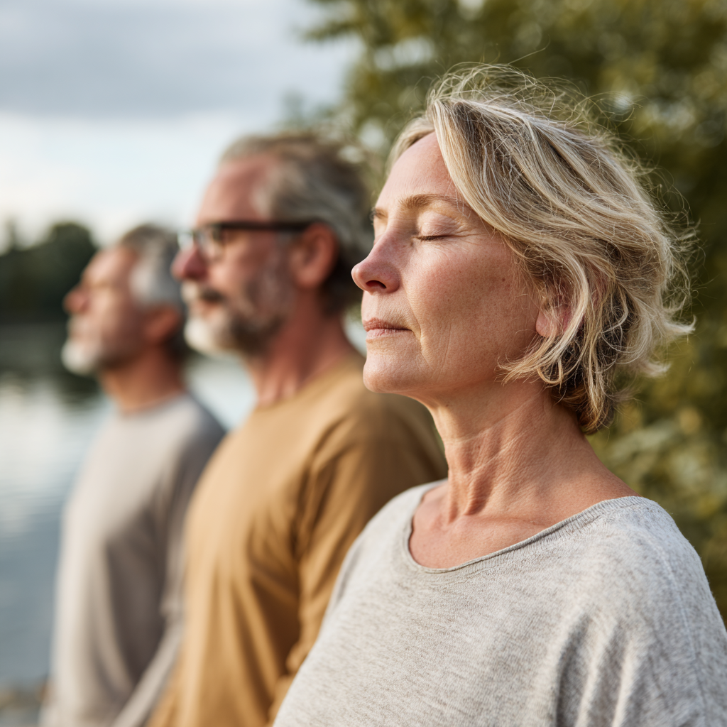 mature adults practicing mindful movement in nature