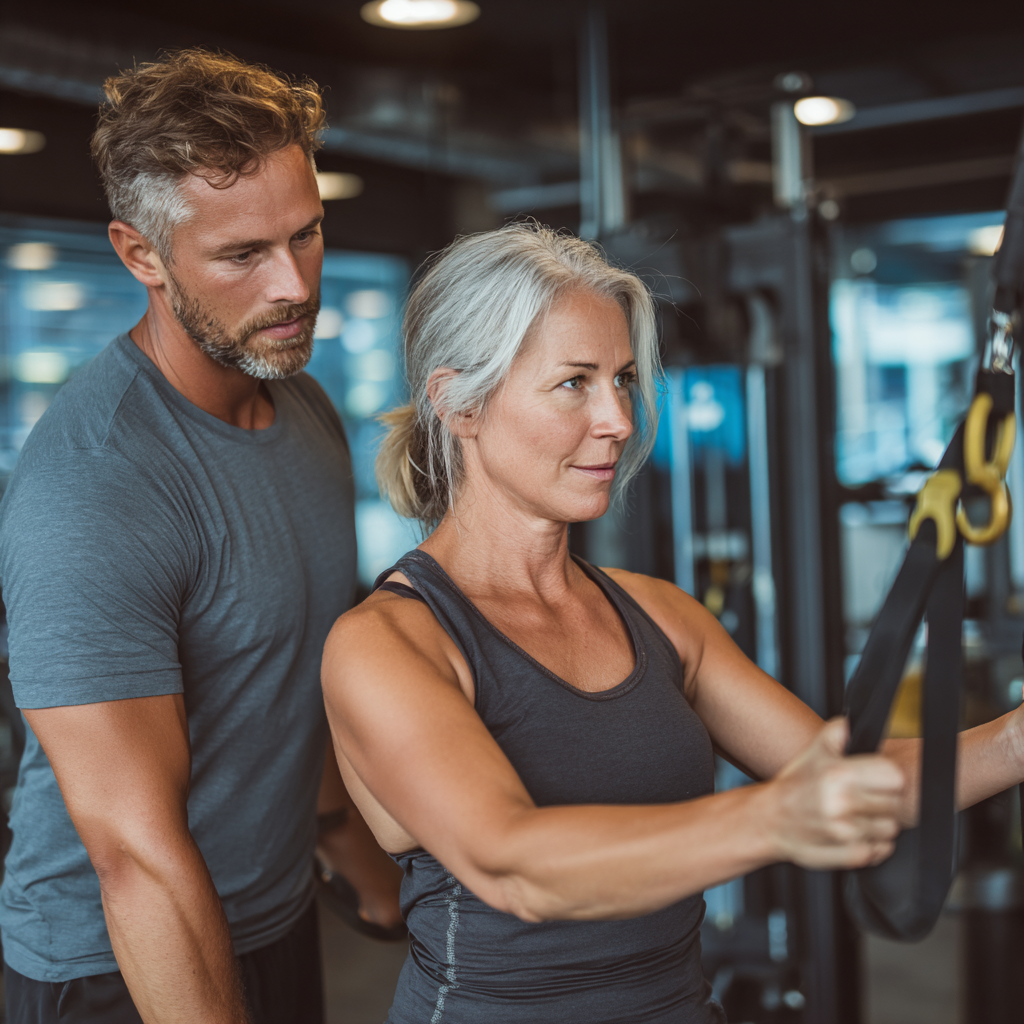middle-aged person training with personal instructor in modern fitness studio